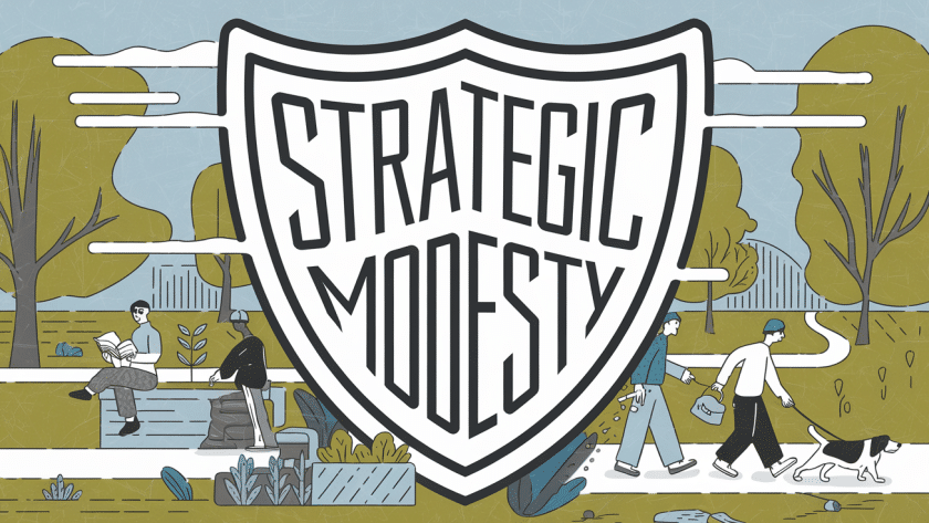 A shield protecting people, with the words "Strategic Modesty."