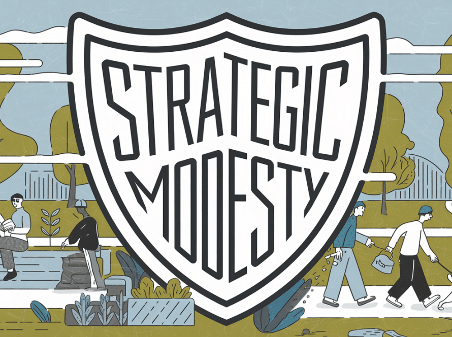 A shield protecting people, with the words "Strategic Modesty."