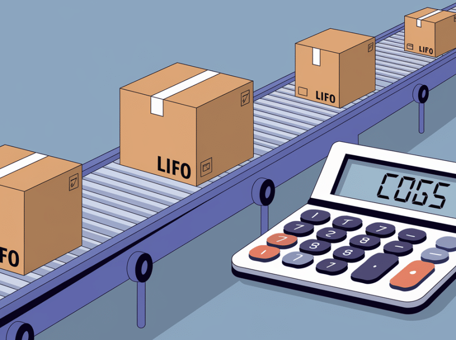 A conveyor belt with boxes labeled "FIFO" and "LIFO" leading to a calculator displaying "COGS".