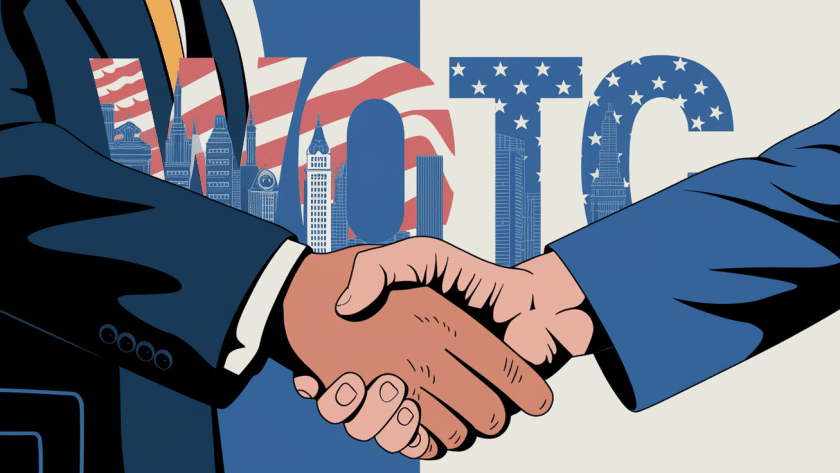 A stylized illustration of a businessperson shaking hands with a veteran, with "WOTC" overlaid.