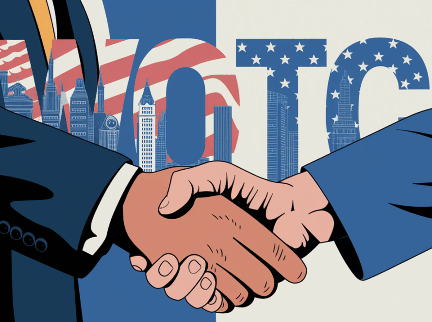 A stylized illustration of a businessperson shaking hands with a veteran, with "WOTC" overlaid.
