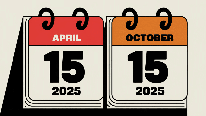 A stylized calendar with "April 15, 2025" and "October 15, 2025" highlighted.