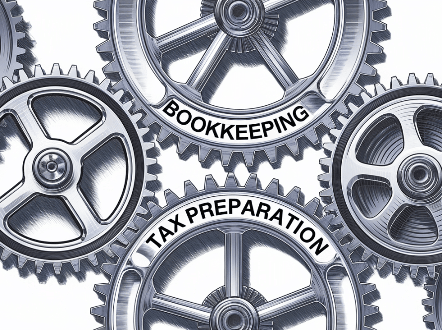 A detailed scientific illustration of interlocking gears labeled with financial tasks.