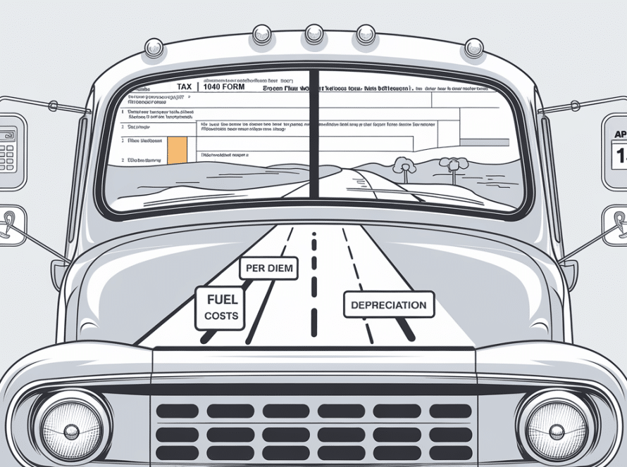 Line art truck with tax form reflection and road milestones for deductions.