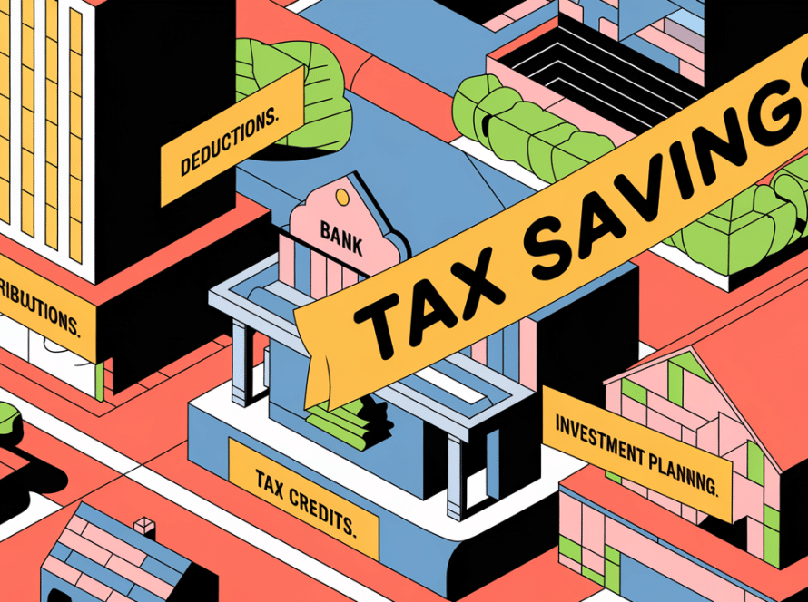 Block illustration of a cityscape representing various tax-saving strategies.