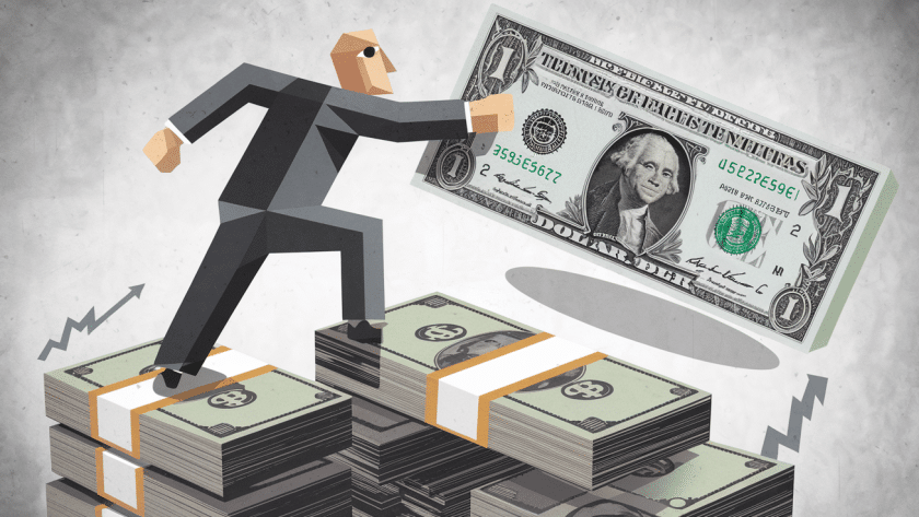 A stylized CEO reaching for a dollar bill atop a stack of money.
