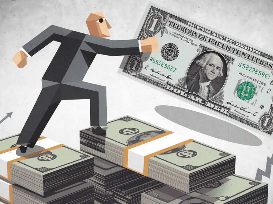 A stylized CEO reaching for a dollar bill atop a stack of money.