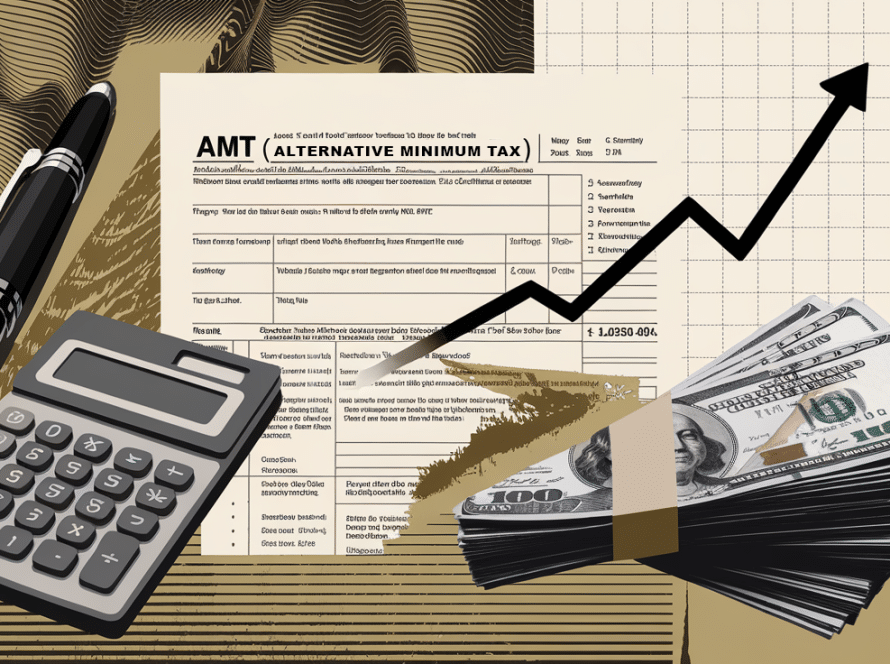 A collage illustration combining various elements related to the AMT, including tax forms, calculators, and money.