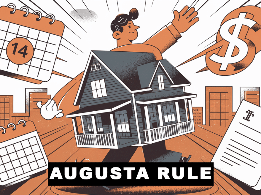 A graphic illustration of a homeowner juggling a house, calendar, dollar sign, and legal documents, representing the complexities of the Augusta Rule.
