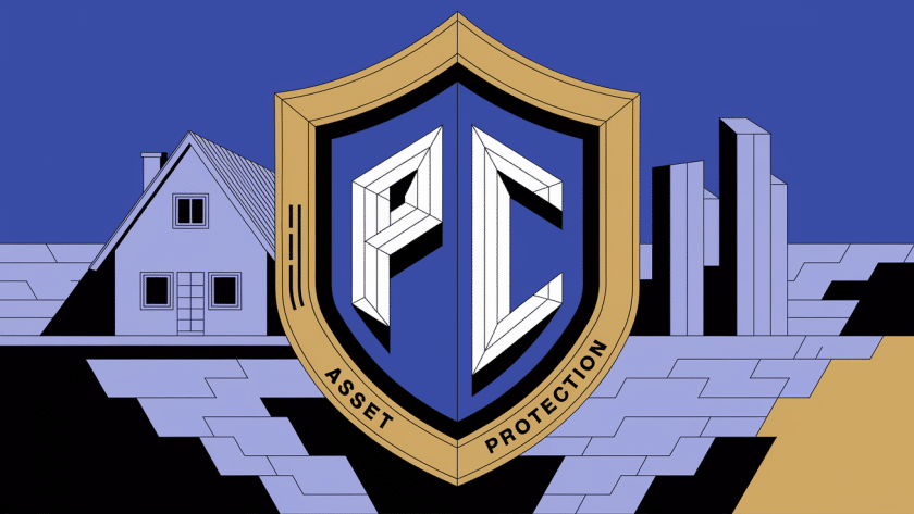 A shield protecting a house and city, symbolizing asset protection.