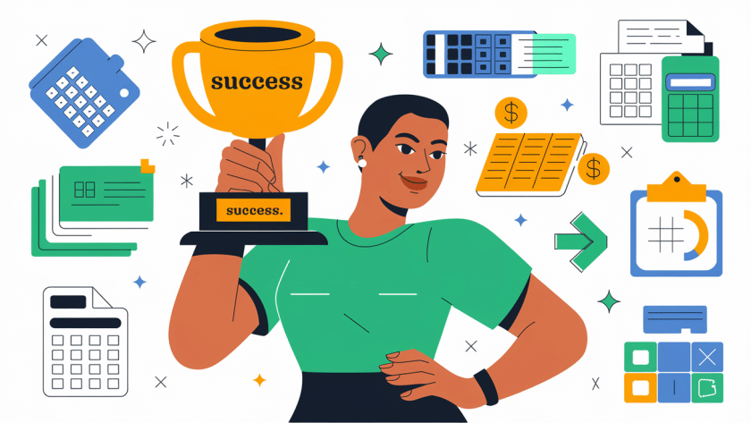 A confident Amazon seller holding a "Success" trophy, surrounded by bookkeeping tools.