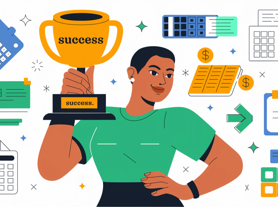 A confident Amazon seller holding a "Success" trophy, surrounded by bookkeeping tools.