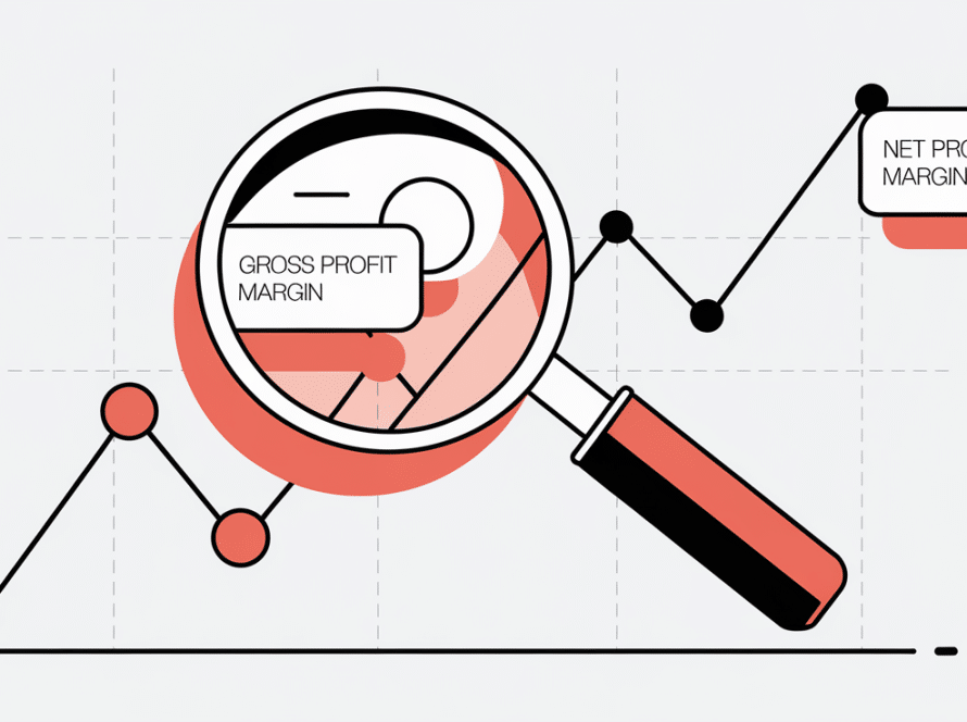 A magnifying glass examining a line graph with key performance indicators.