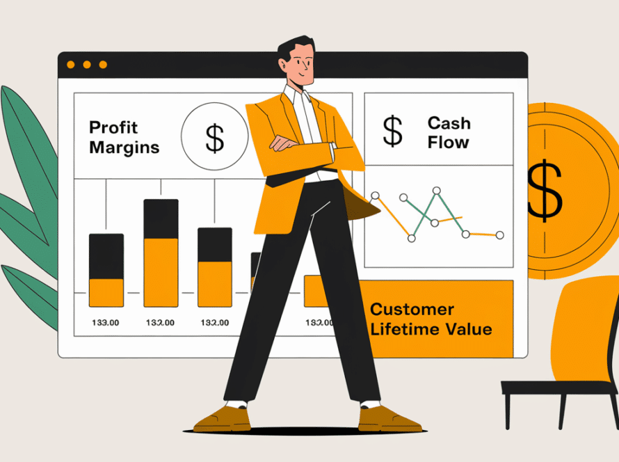 An entrepreneur reviewing a dashboard with key financial metrics.
