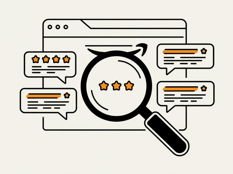 Vector line art of a magnifying glass focusing on positive customer reviews on an Amazon product page