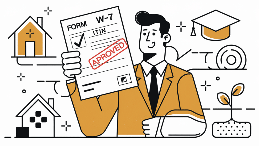 A person holding an approved Form W-7 with symbols of financial success.
