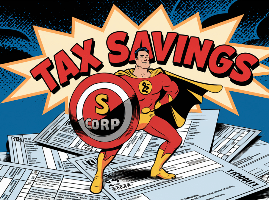 An "S Corp" superhero standing triumphantly on tax forms.
