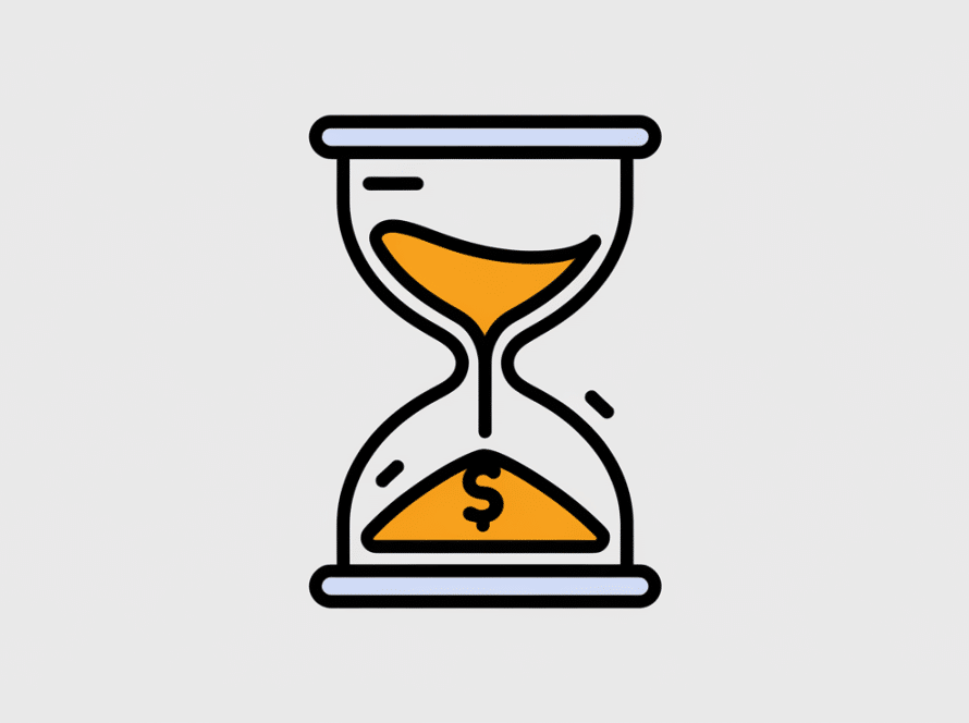 A stylized hourglass with the words "Time" and "Money."