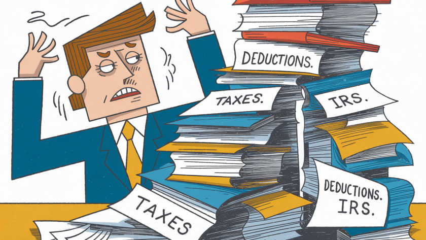 A stressed business owner surrounded by a mountain of tax paperwork.