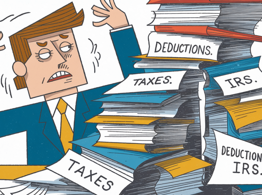A stressed business owner surrounded by a mountain of tax paperwork.