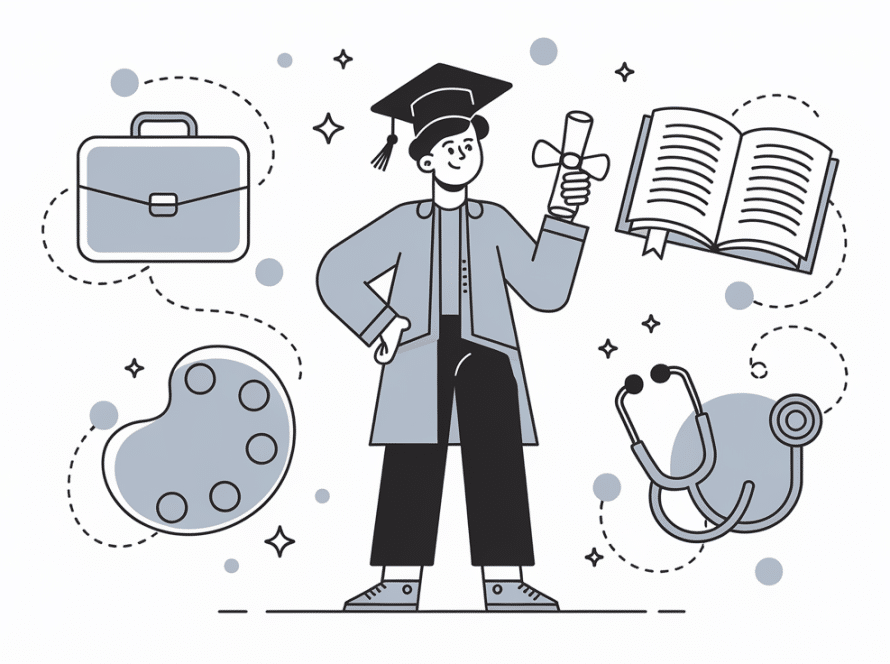 Line art of a young graduate with symbols of various career paths