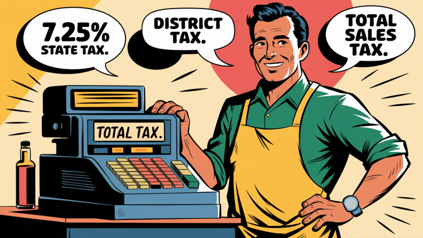 A graphic showing a business owner calculating sales tax.