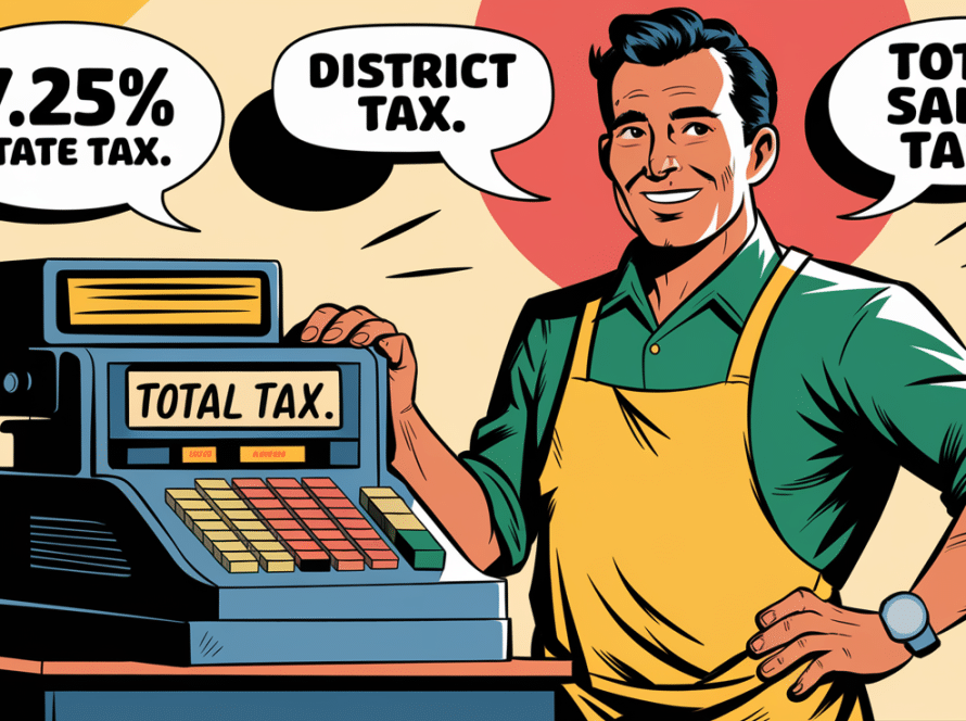 A graphic showing a business owner calculating sales tax.