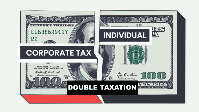 A graphic illustration of a dollar bill split in two, representing double taxation on corporate profits and dividends.