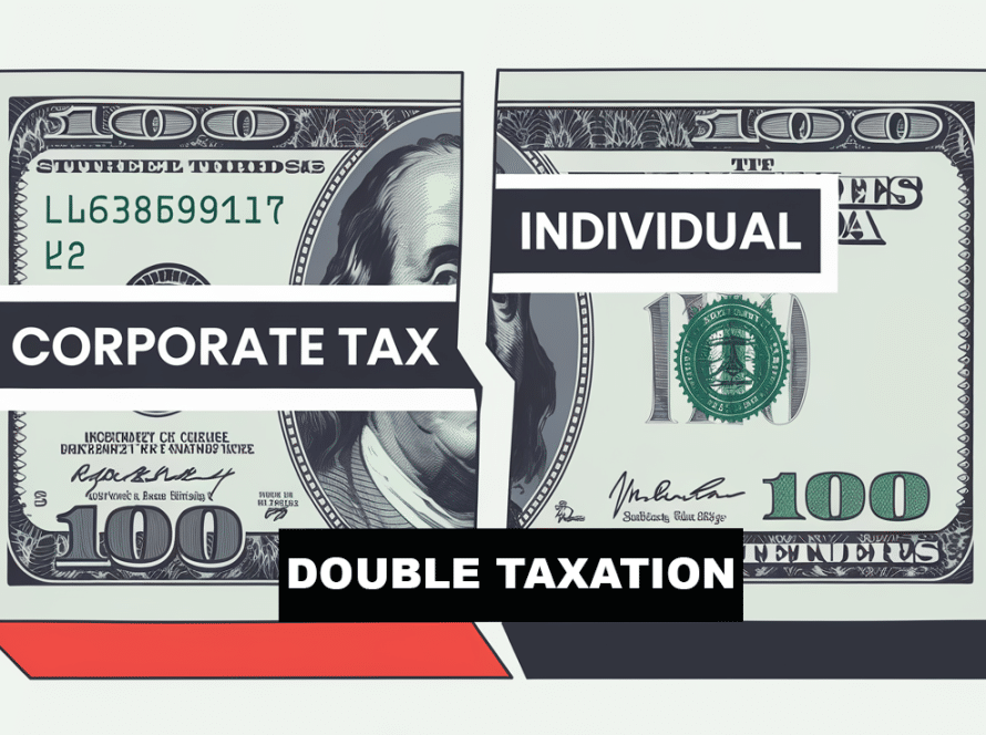 A graphic illustration of a dollar bill split in two, representing double taxation on corporate profits and dividends.