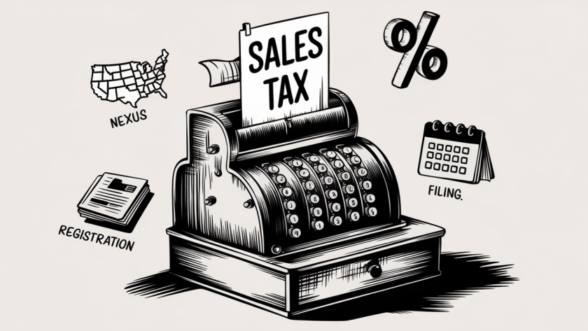 An ink drawing of a cash register with icons representing nexus, tax rates, registration, and filing.