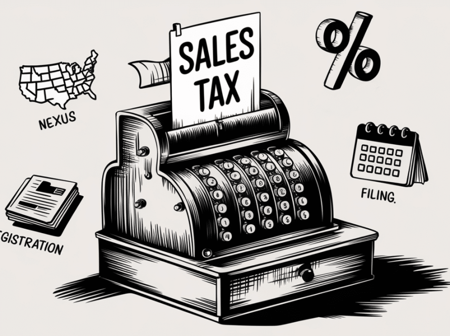 An ink drawing of a cash register with icons representing nexus, tax rates, registration, and filing.