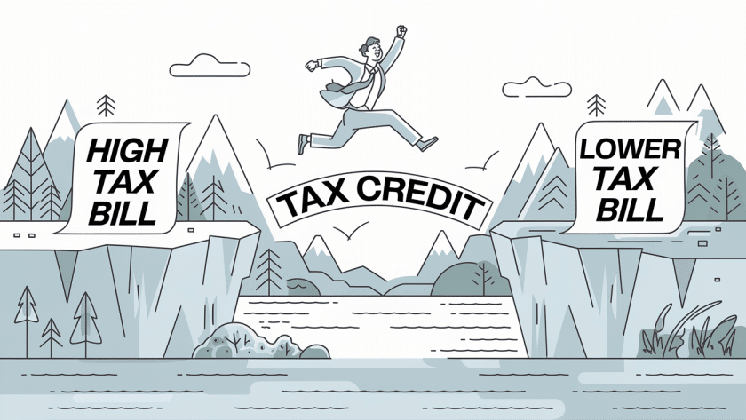 Line art of person leaping across a gap labeled "High Tax Bill" to "Lower Tax Bill" using a bridge labeled "Tax Credit".