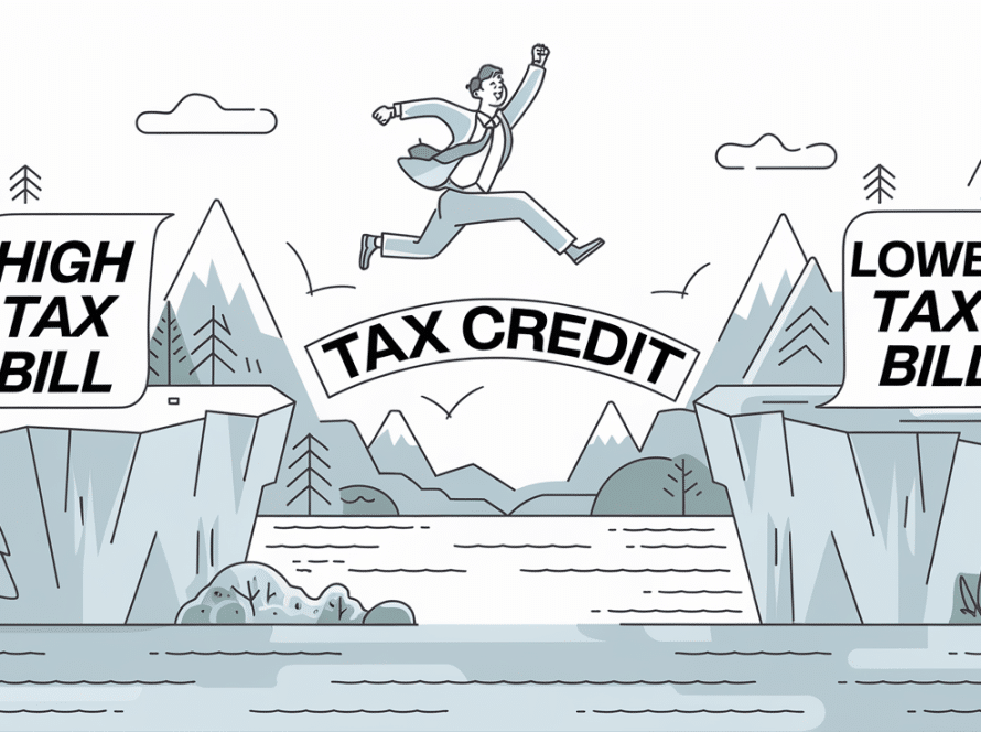 Line art of person leaping across a gap labeled "High Tax Bill" to "Lower Tax Bill" using a bridge labeled "Tax Credit".