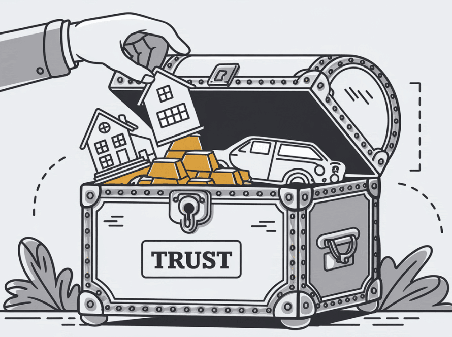 Line art drawing of assets being placed in a trust