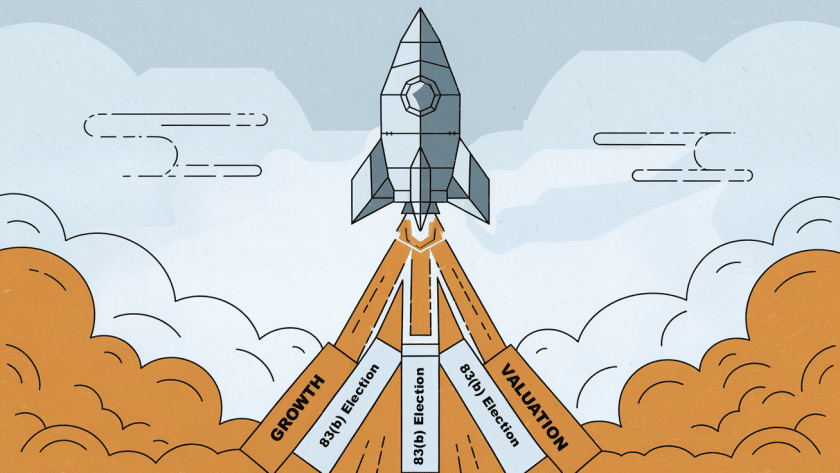 A rocket launching upwards, leaving a trail of "83(b) Election" blocks.