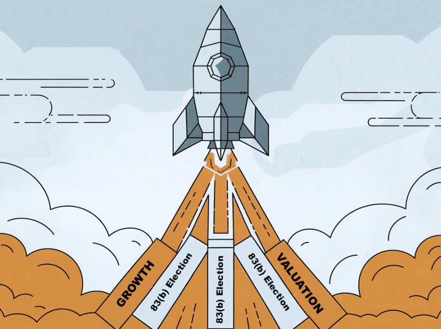 A rocket launching upwards, leaving a trail of "83(b) Election" blocks.