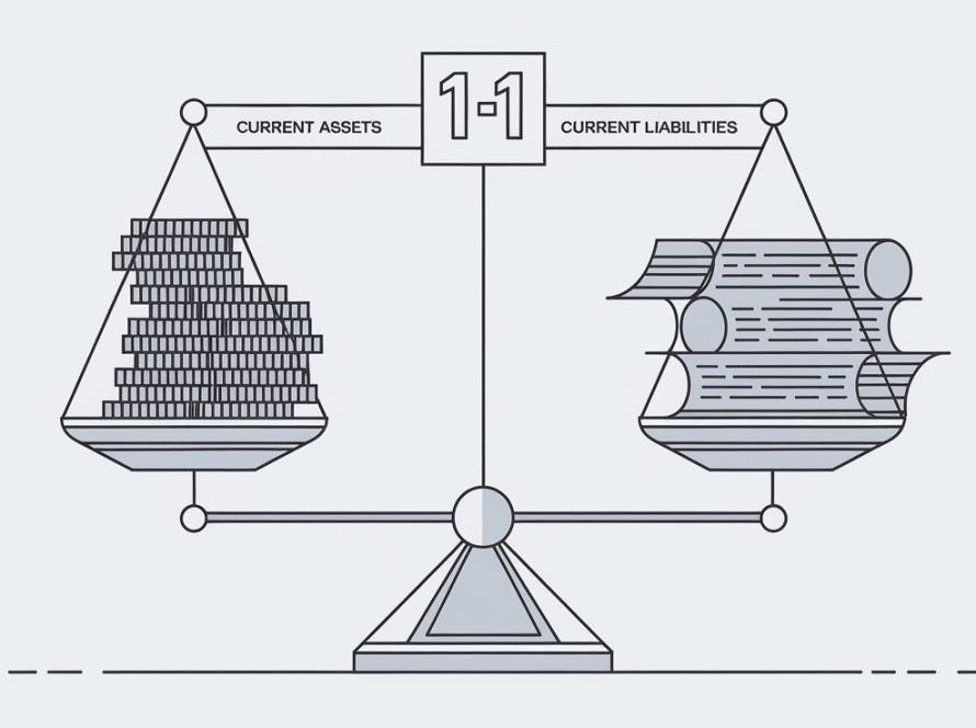 Vector line art of a balanced scale representing a current ratio of 1:1.