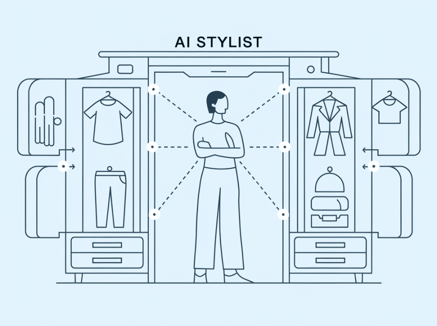 Line art of a person with a virtual wardrobe and 'AI Stylist' text