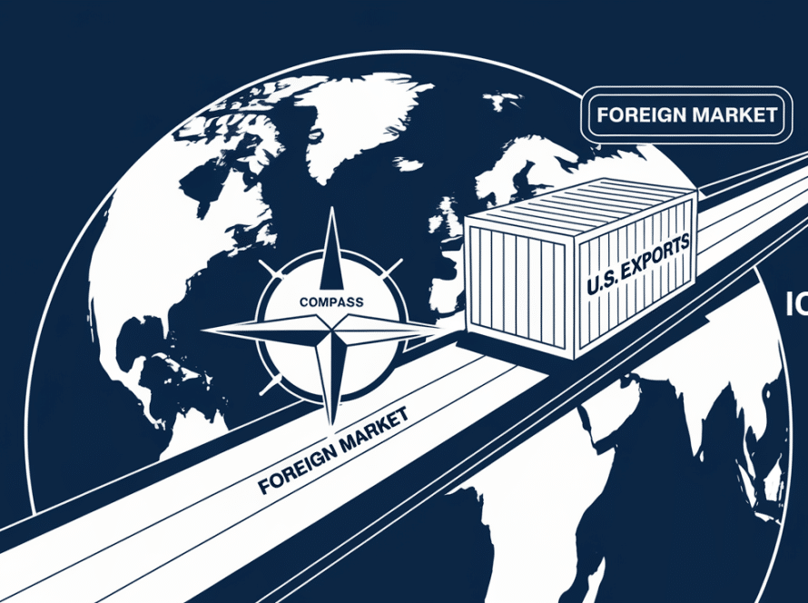 Line art globe with shipping routes and "U.S. Exports" container guided by "FDII & IC-DISC" compass.