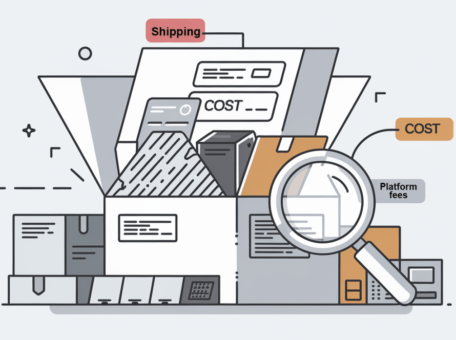 A magnifying glass inspecting the costs associated with an e-commerce shipping package