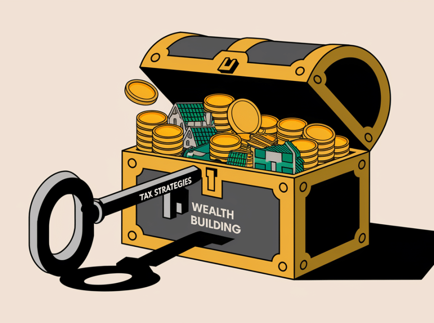 A key labeled "Tax Strategies" unlocking a treasure chest filled with wealth.