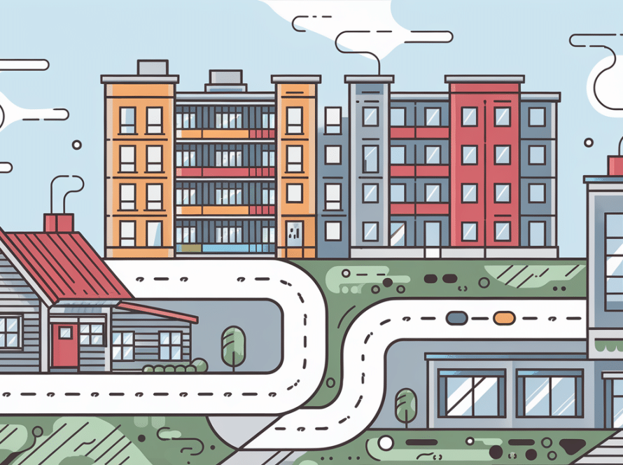 Line art of various building types connected by a road.