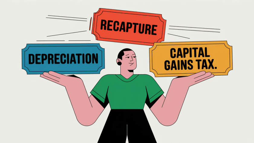 A person juggling "Depreciation," "Recapture," and "Capital Gains Tax."
