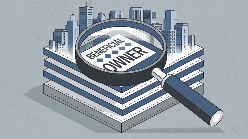 A graphic depicting a magnifying glass revealing the beneficial owner of a company.