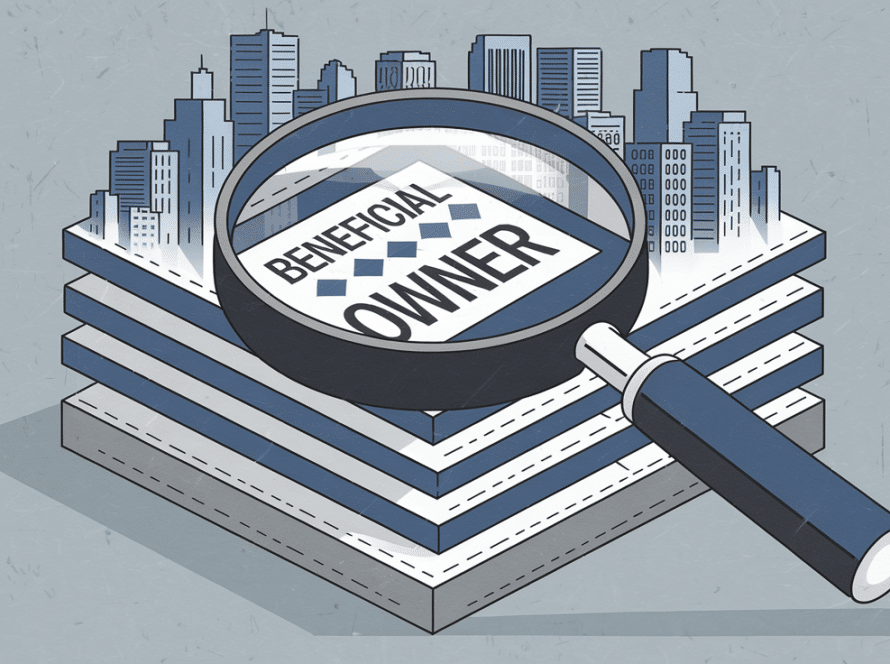 A graphic depicting a magnifying glass revealing the beneficial owner of a company.