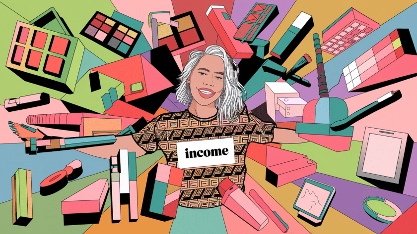 A vibrant block illustration showing an influencer surrounded by various freebie items, with the word "INCOME" subtly incorporated into the design.