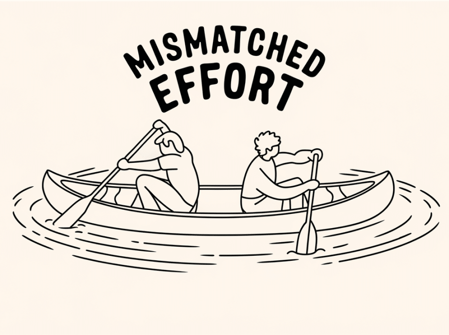 Line art drawing of two people paddling a canoe in opposite directions, going nowhere