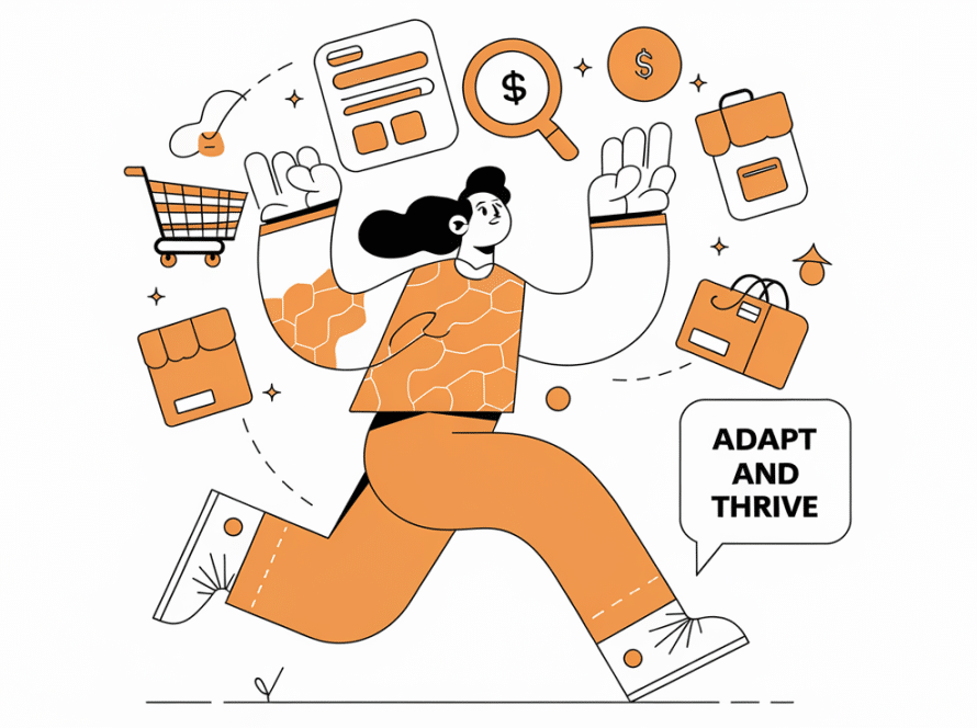 Line art of a person juggling Amazon icons with 'Adapt and Thrive' speech bubble.