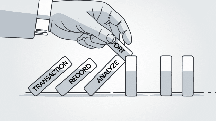 Line art drawing of dominos representing the bookkeeping process.