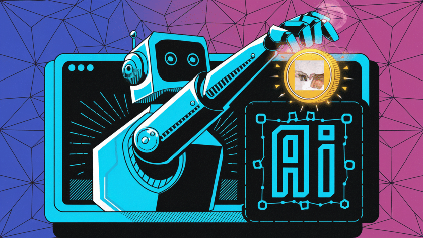 Block illustration of a robotic arm holding a GOAT meme coin, symbolizing AI's influence in the crypto world.